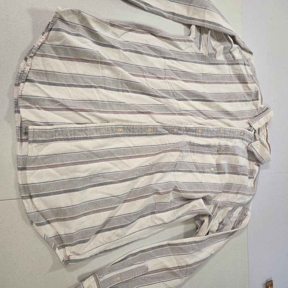 Eddie Bauer Mens Large Cotton Striped Long Sleeve Button Down Shirt Cream Gray